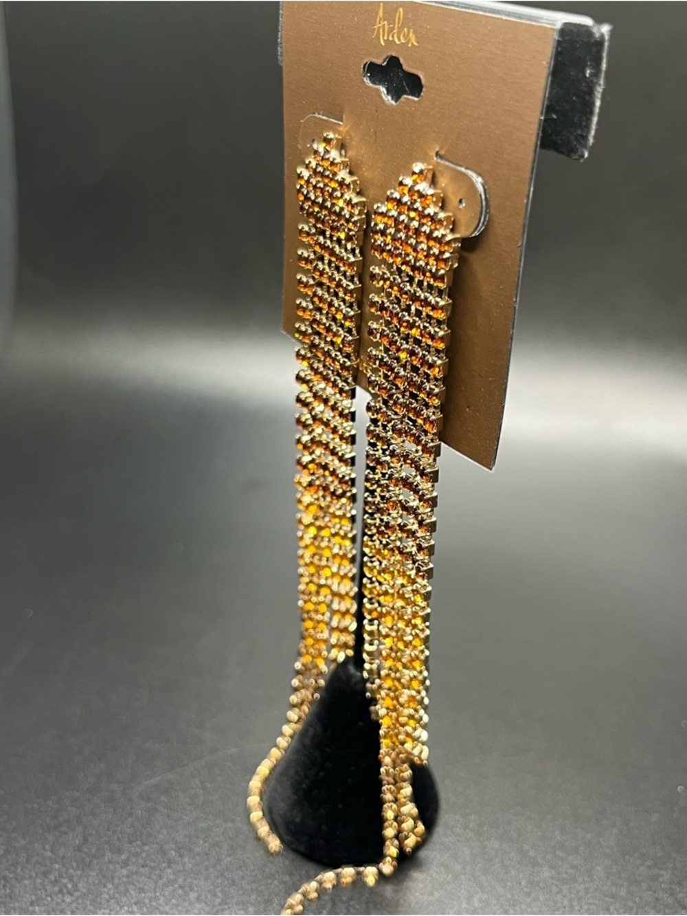 Long rhinestone fringe statement earrings gold tone amber sparkle NWT - Picture 5 of 7